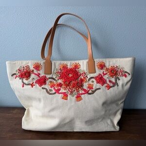 Tory Burch cream orange red embroidered beaded Rodeo Drive canvas leather tote